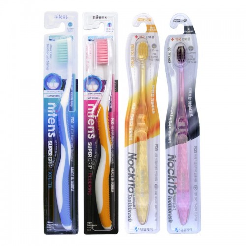 Набор зубных щеток cо сверхтонкой двойной щетиной (средней жестк., мягкой и суперм.) прямой и изогн. ручкой,обычной и комп. головкой, 4 шт :c наночаст. золота, древ. углем, “Фтор”, “Ксилит”