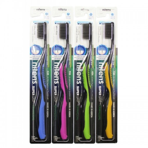 Набор Nano Charcoal: Зубная щетка c древесным углем и сверхтонкой двойной щетиной (средней жесткости и мягкой) и изогнутой ручкой, 4шт