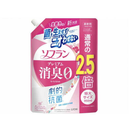 LION Soflan Premium Кондиционер для белья с антибактериальным и дезодорирующим эффектом, с цветочно-ягодным ароматом, мягкая упаковка, 950 мл