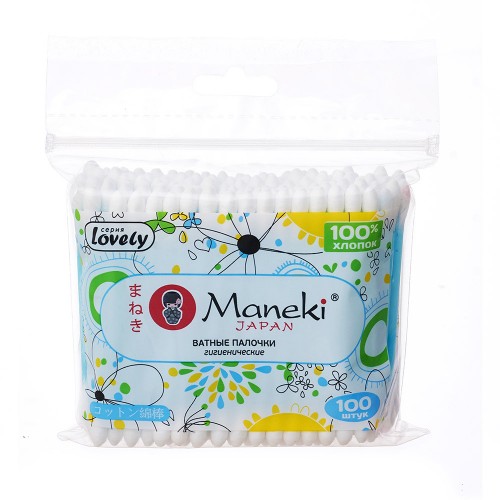 Палочки ватные гигиенические Maneki Lovely в zip-пакете, 100 шт