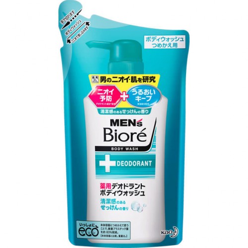 KAO Пенящееся мужское жидкое мыло для тела Men's Biore с противовоспалительным и дезодорирующим эффектом с ароматом свежести 380мл (запасной блок), Япония