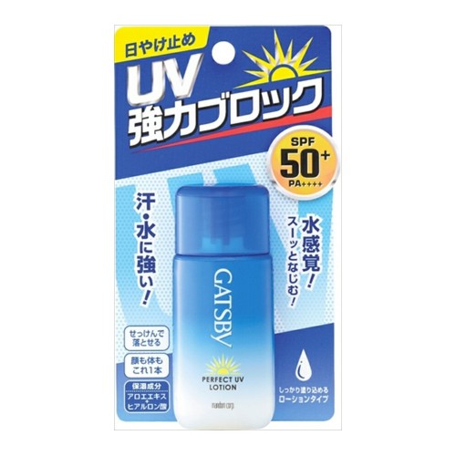 Mandom Мужской солнцезащитный увлажняющий лосьон «Gatsby Perfect UV Lotion» для лица и тела с гиалуроновой кислотой и экстрактом Алоэ Вера (SPF 50+/PA++++), 30 мл
